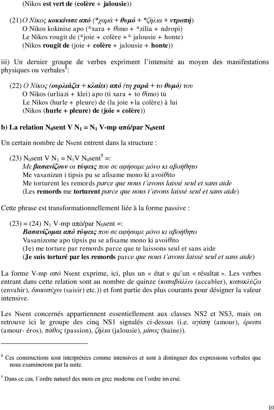 (νπξιηάδεη + θιαίεη) από (ηε ραξά + ην ζπκό) ηνπ O Nikos (urliazi + klei) apo (ti xara + to ζimo) tu Le Nikos (hurle + pleure) de (la joie +la colère) à lui (Nikos (hurle + pleure) de (joie +