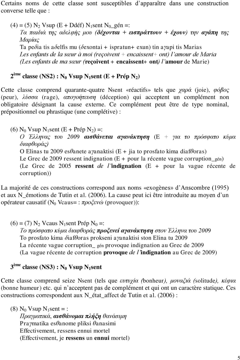 enfants de ma sœur (reçoivent + encaissent+ ont) l amour de Marie) 2 ème classe (NS2) : N 0 Vsup N 1 sent (E + Prép N 2 ) Cette classe comprend quarante-quatre Nsent «réactifs» tels que ραξά (joie),