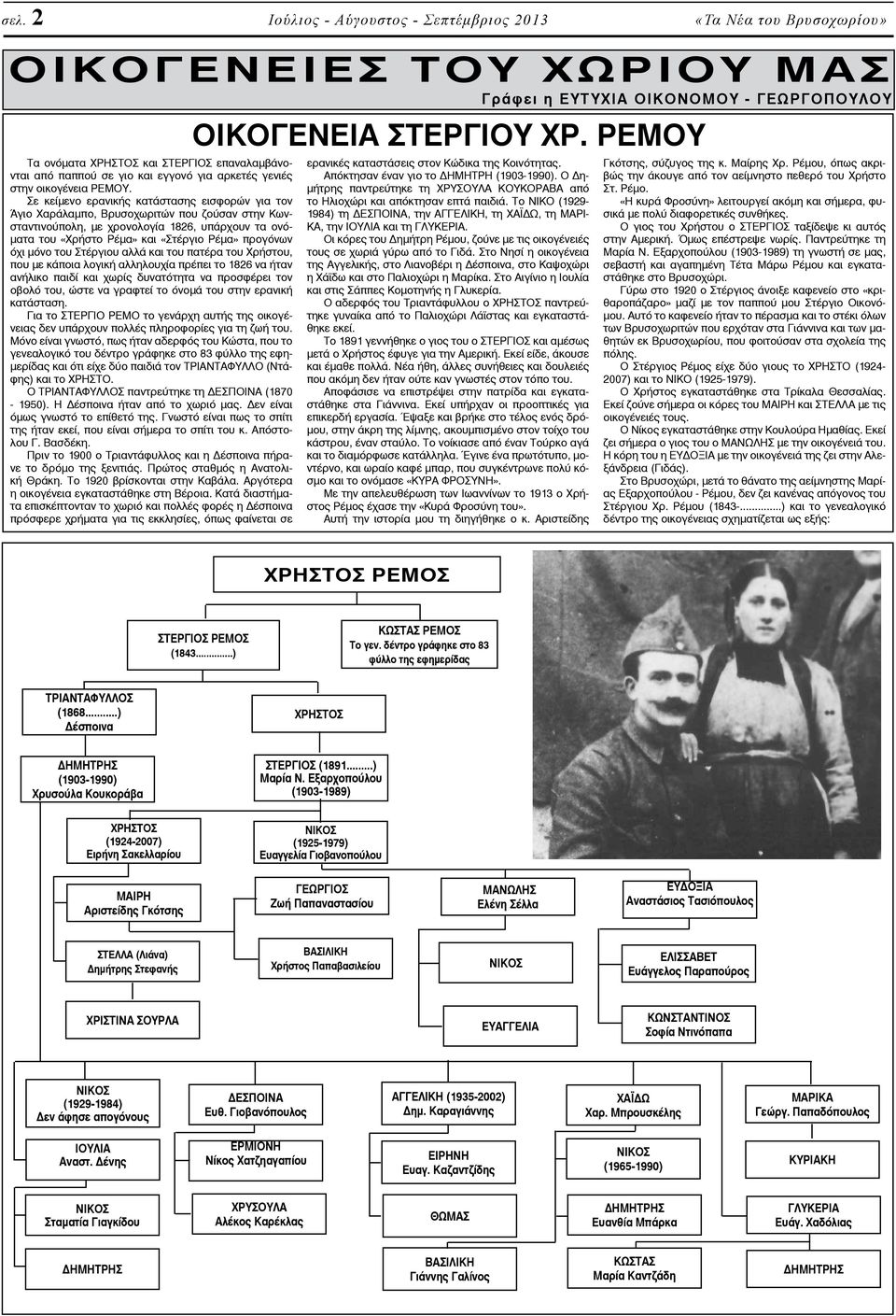 Σε κείμενο ερανικής κατάστασης εισφορών για τον Άγιο Χαράλαμπο, Βρυσοχωριτών που ζούσαν στην Κωνσταντινούπολη, με χρονολογία 1826, υπάρχουν τα ονόματα του «Χρήστο Ρέμα» και «Στέργιο Ρέμα» προγόνων