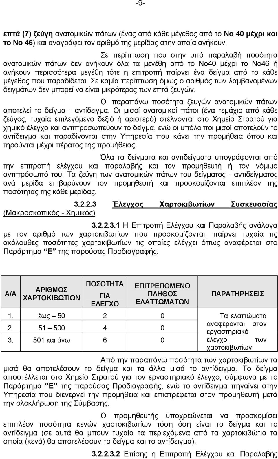 που παραδίδεται. Σε καμία περίπτωση όμως ο αριθμός των λαμβανομένων δειγμάτων δεν μπορεί να είναι μικρότερος των επτά ζευγών.