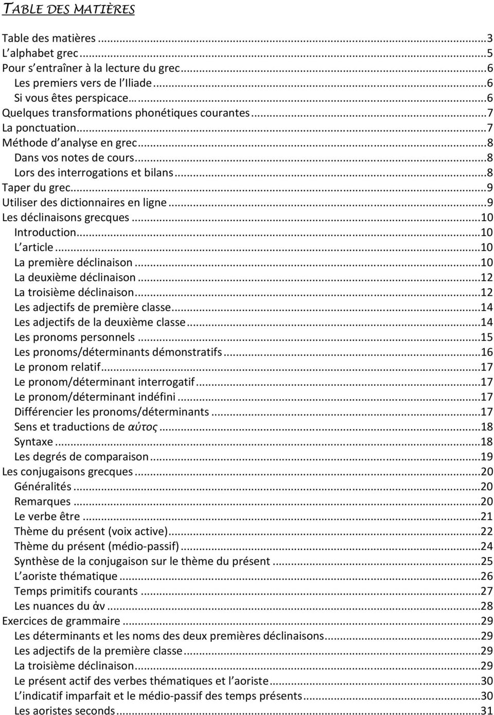 ..9 Utiliser des dictionnaires en ligne...9 Les déclinaisons grecques...10 Introduction...10 L article...10 La première déclinaison...10 La deuxième déclinaison...12 La troisième déclinaison.