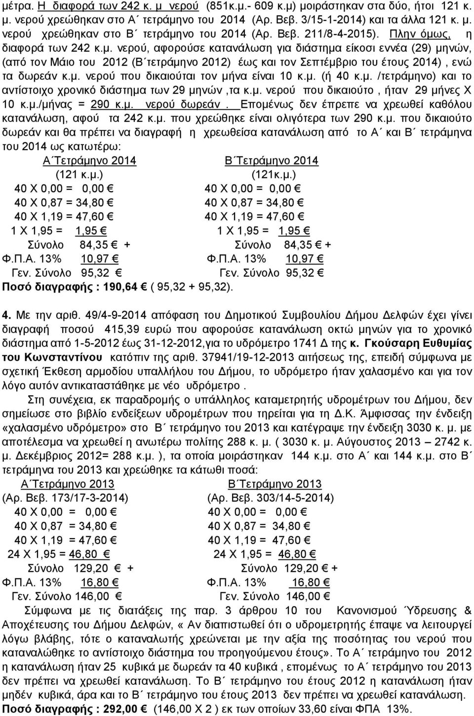 μ. νερού που δικαιούται τον μήνα είναι 10 κ.μ. (ή 40 κ.μ. /τετράμηνο) και το αντίστοιχο χρονικό διάστημα των 29 μηνών,τα κ.μ. νερού που δικαιούτο, ήταν 29 μήνες Χ 10 κ.μ./μήνας = 290 κ.μ. νερού δωρεάν.