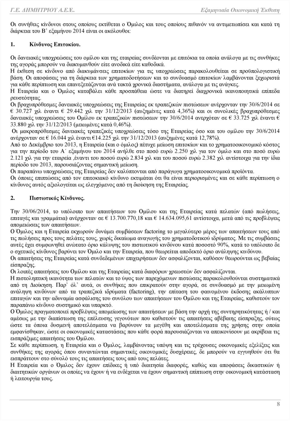 Η έκθεση σε κίνδυνο από διακυμάνσεις επιτοκίων για τις υποχρεώσεις παρακολουθείται σε προϋπολογιστική βάση.