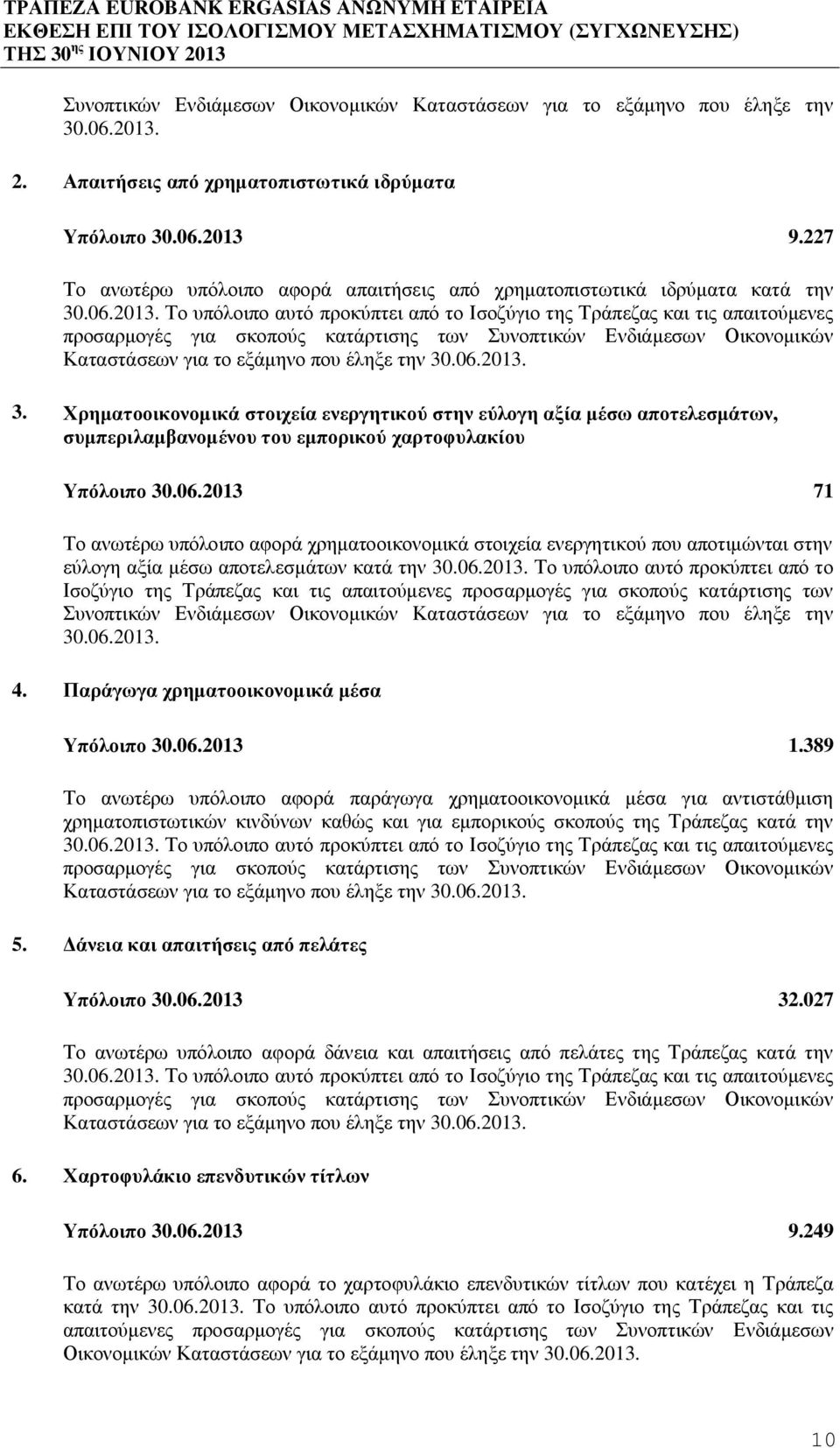 Το υπόλοιπο αυτό προκύπτει από το Ισοζύγιο της Τράπεζας και τις απαιτούμενες προσαρμογές για σκοπούς κατάρτισης των Συνοπτικών Ενδιάμεσων Οικονομικών Καταστάσεων για το εξάμηνο που έληξε την 30.06.