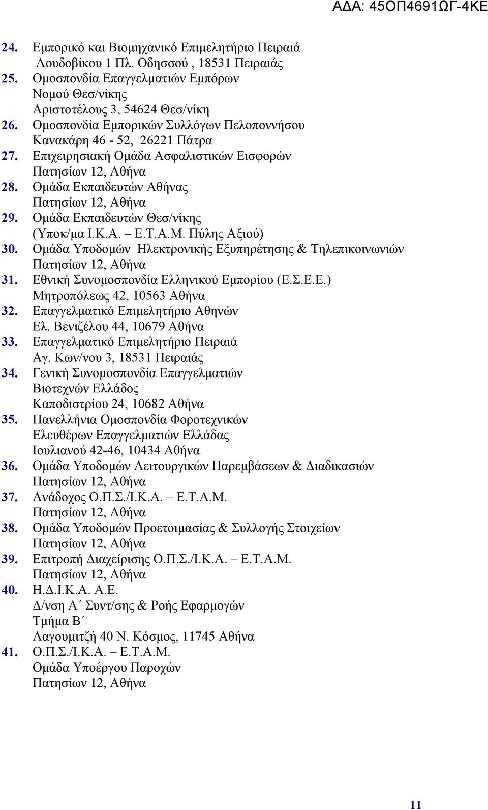 Ομάδα Εκπαιδευτών Θεσ/νίκης (Υποκ/μα Ι.Κ.Α. Ε.Τ.Α.Μ. Πύλης Αξιού) 30. Ομάδα Υποδομών Ηλεκτρονικής Εξυπηρέτησης & Τηλεπικοινωνιών Πατησίων 12, Αθήνα 31. Εθνική Συνομοσπονδία Ελληνικού Εμπορίου (Ε.Σ.Ε.Ε.) Μητροπόλεως 42, 10563 Αθήνα 32.