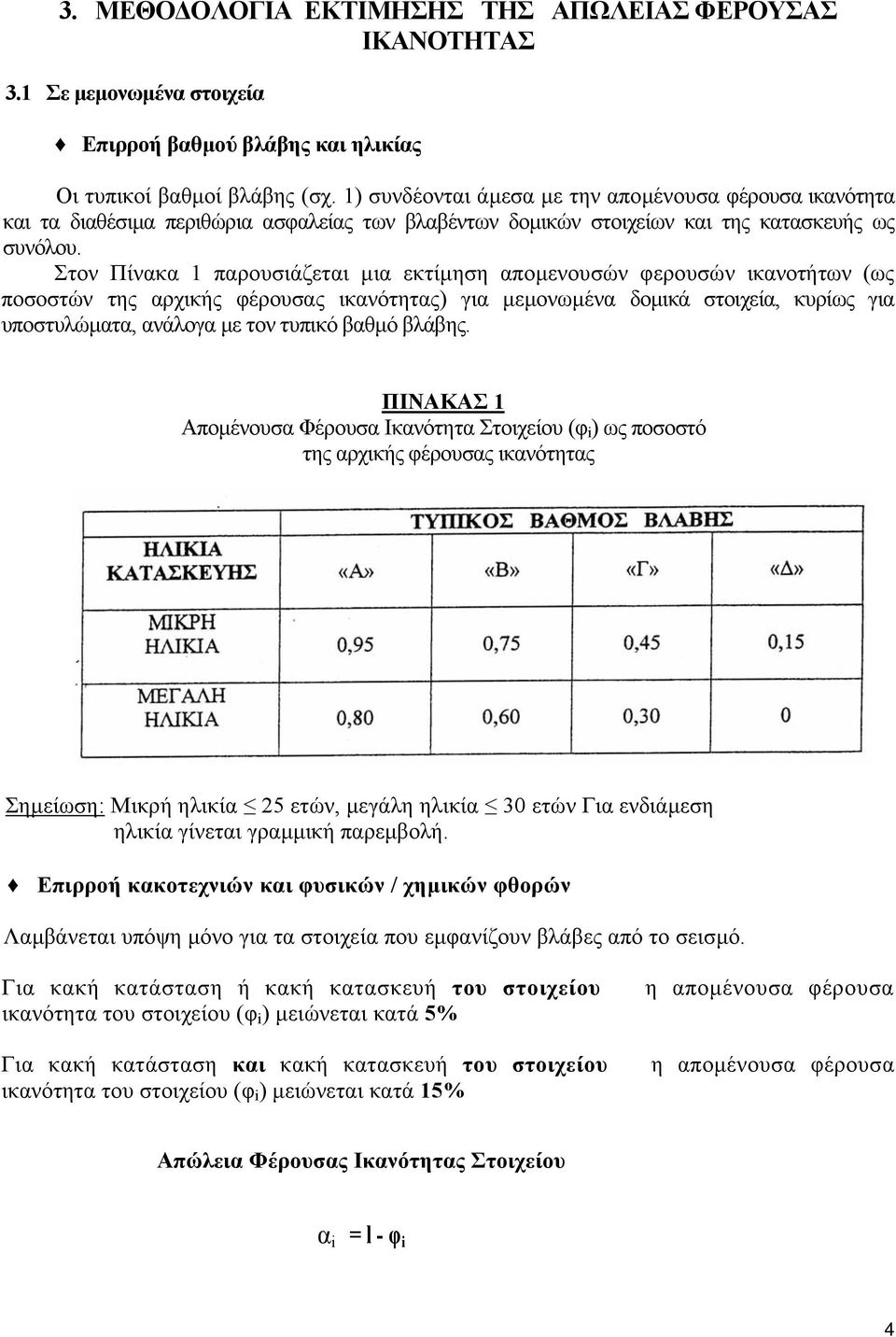 Στον Πίνακα 1 παρουσιάζεται µια εκτίµηση αποµενουσών φερουσών ικανοτήτων (ως ποσοστών της αρχικής φέρουσας ικανότητας) για µεµονωµένα δοµικά στοιχεία, κυρίως για υποστυλώµατα, ανάλογα µε τον τυπικό