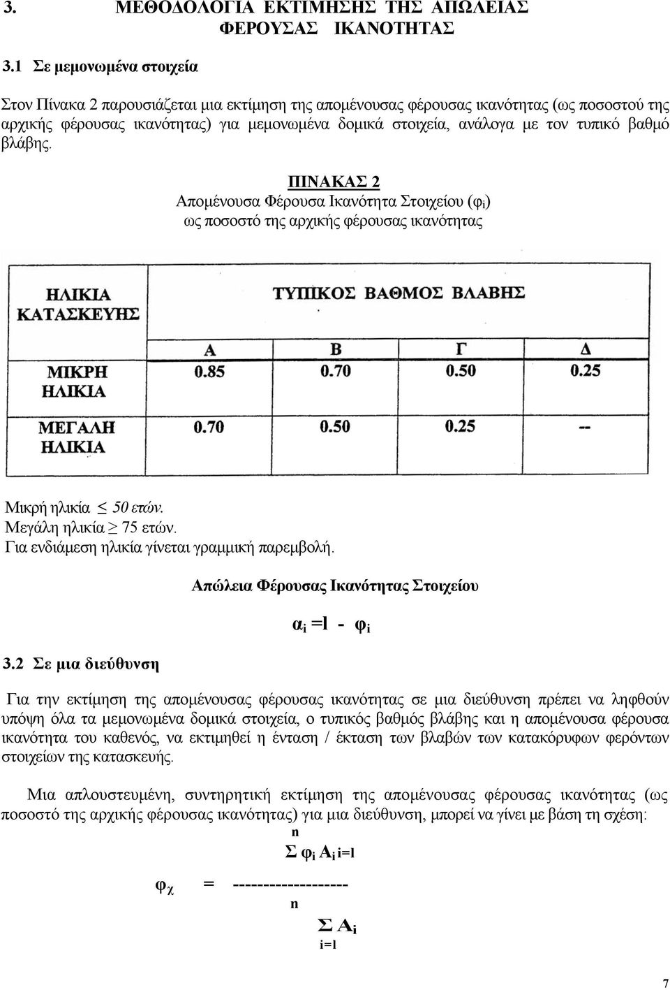 τυπικό βαθµό βλάβης. ΠΙΝΑΚΑΣ 2 Αποµένουσα Φέρουσα Ικανότητα Στοιχείου (φ i ) ως ποσοστό της αρχικής φέρουσας ικανότητας Μικρή ηλικία 50 ετών. Μεγάλη ηλικία 75 ετών.