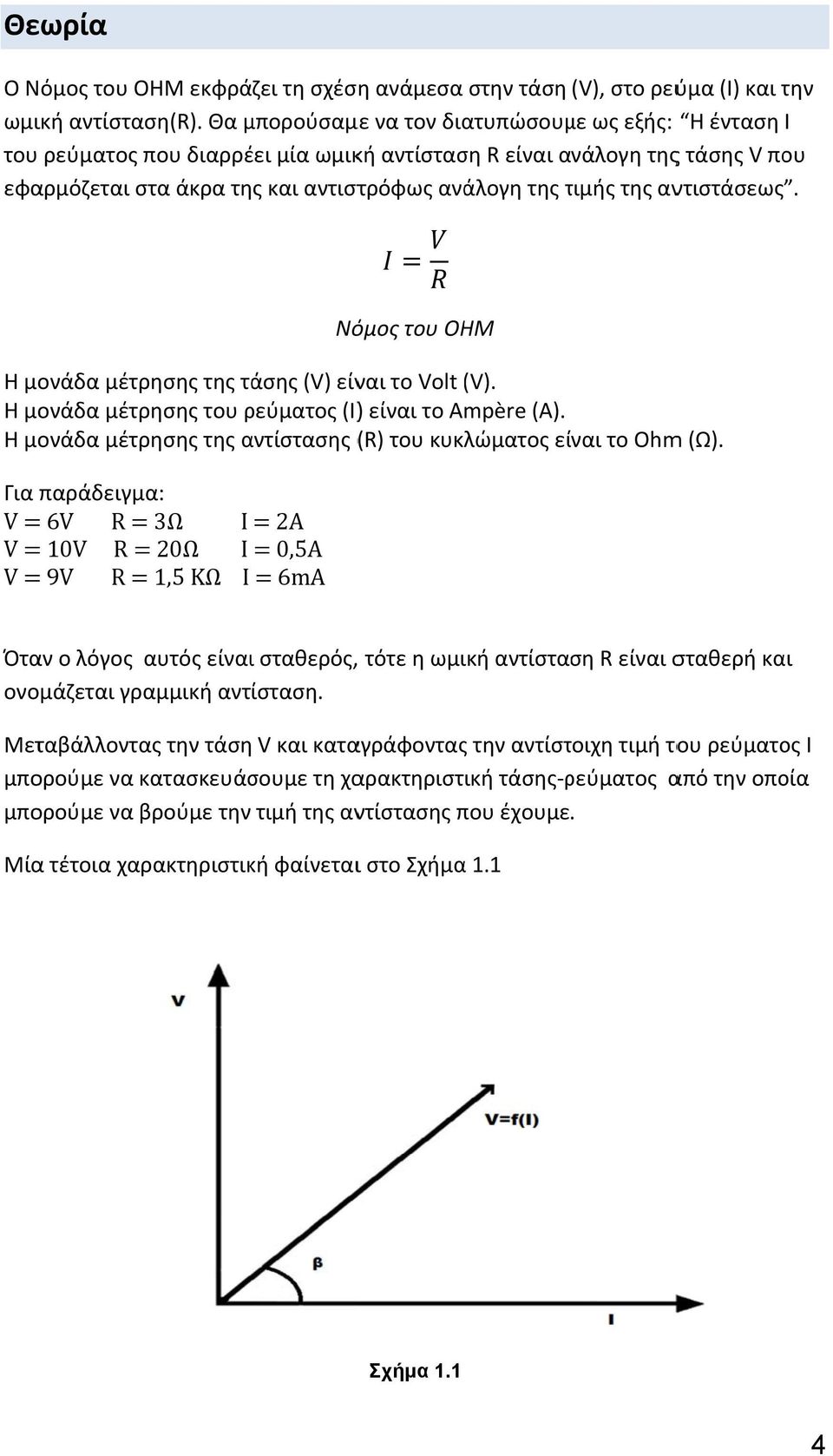 αντιστάσεως. Νόμος του ΟΗΜ Η μονάδα μέτρησης της τάσης (V) είναι το Volt (V). Η μονάδα μέτρησης του ρεύματος (I)) είναι το Ampère (A).