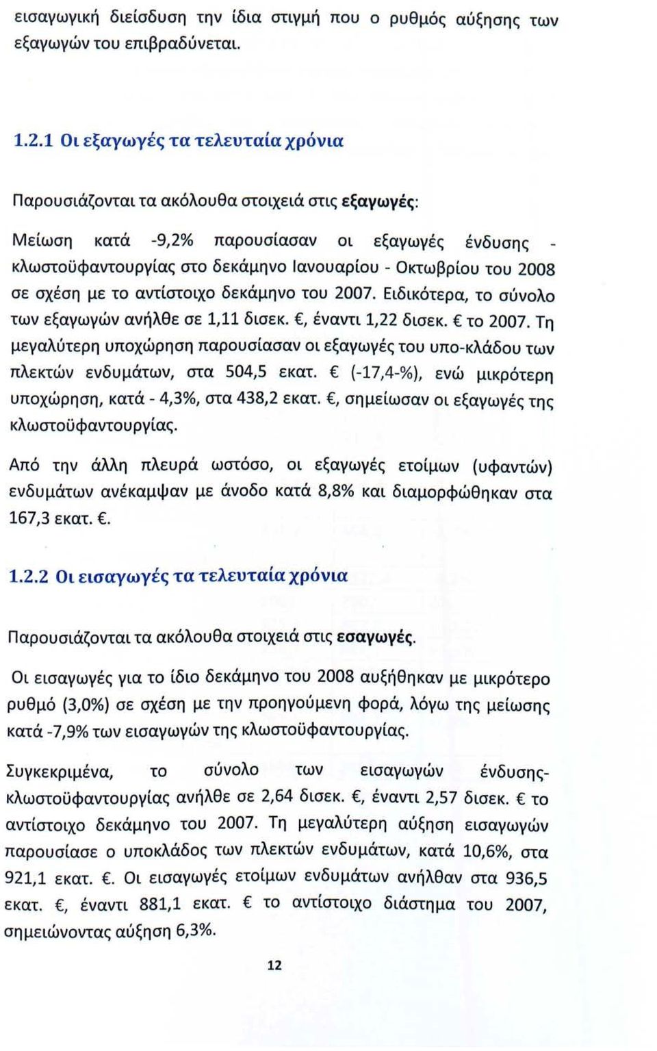 σε σχέση με το αντίστοιχο δεκάμηνο του 2007. Ειδικότερα, το σύνολο των εξαγωγών ανήλθε σε 1,11 δισεκ., έναντι 1,22 δισεκ. το 2007.