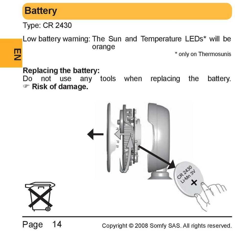 Thermosunis Replacing the battery: Do not use any