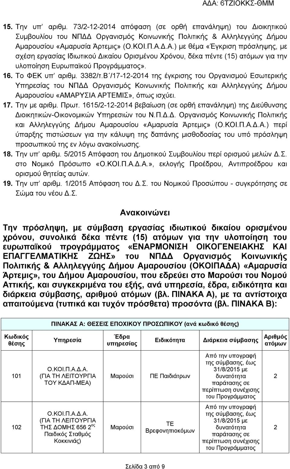 16. Το ΦΕΚ υπ αριθμ. 3382/τ.Β /17-12-2014 της έγκρισης του Οργανισμού Εσωτερικής Υπηρεσίας του ΝΠΔΔ Οργανισμός Κοινωνικής Πολιτικής και Αλληλεγγύης Δήμου Αμαρουσίου «ΑΜΑΡΥΣΙΑ ΑΡΤΕΜΙΣ», όπως ισχύει.