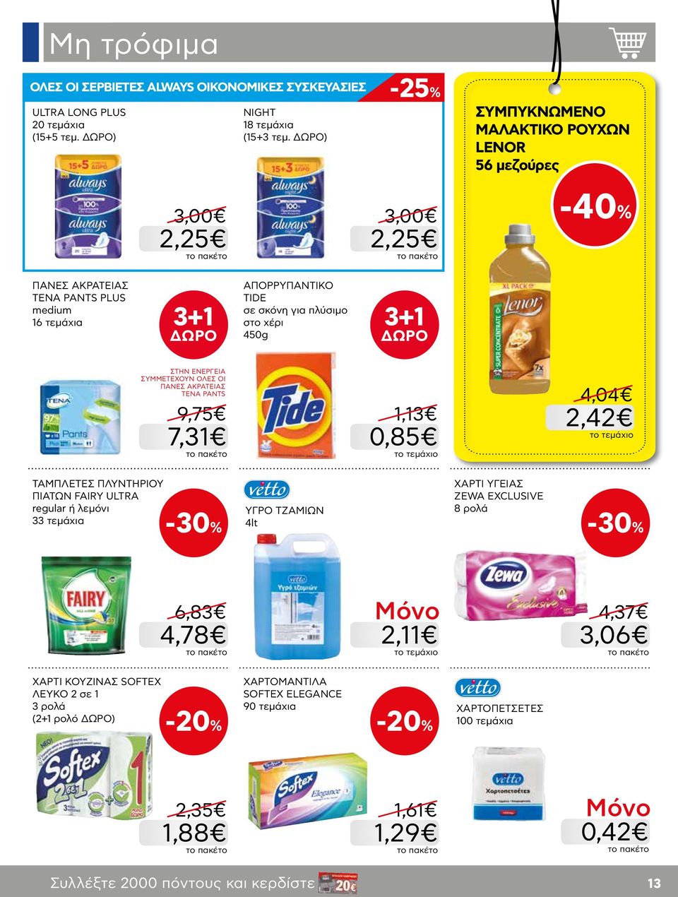450g 3+1 ΣΥΜΜΕΤΕΧΟΥΝ ΟΛΕΣ OI ΠΑΝΕΣ ΑΚΡΑΤΕΙΑΣ TENA PANTS 9,75 7,31 1,13 0,85 4,04 2,42 ΤΑΜΠΛΕΤΕΣ ΠΛΥΝΤΗΡΙΟΥ ΠΙΑΤΩΝ FAIRY ULTRA regular ή λεμόνι 33 τεμάχια -30% ΥΓΡΟ ΤΖΑΜΙΩΝ 4lt ΧΑΡΤΙ