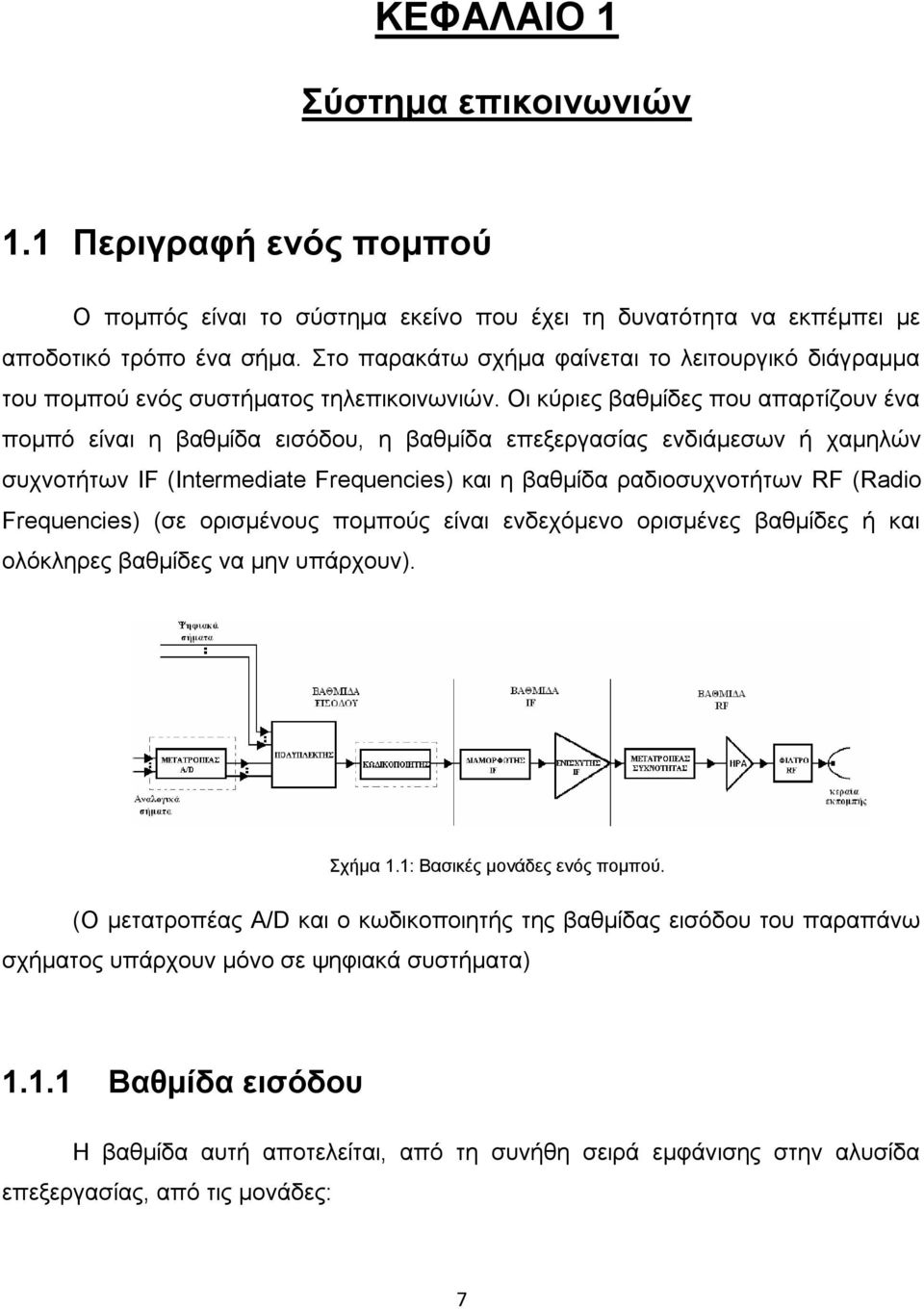 Οι κύριες βαθμίδες που απαρτίζουν ένα πομπό είναι η βαθμίδα εισόδου, η βαθμίδα επεξεργασίας ενδιάμεσων ή χαμηλών συχνοτήτων IF (Intermediate Frequencies) και η βαθμίδα ραδιοσυχνοτήτων RF (Radio