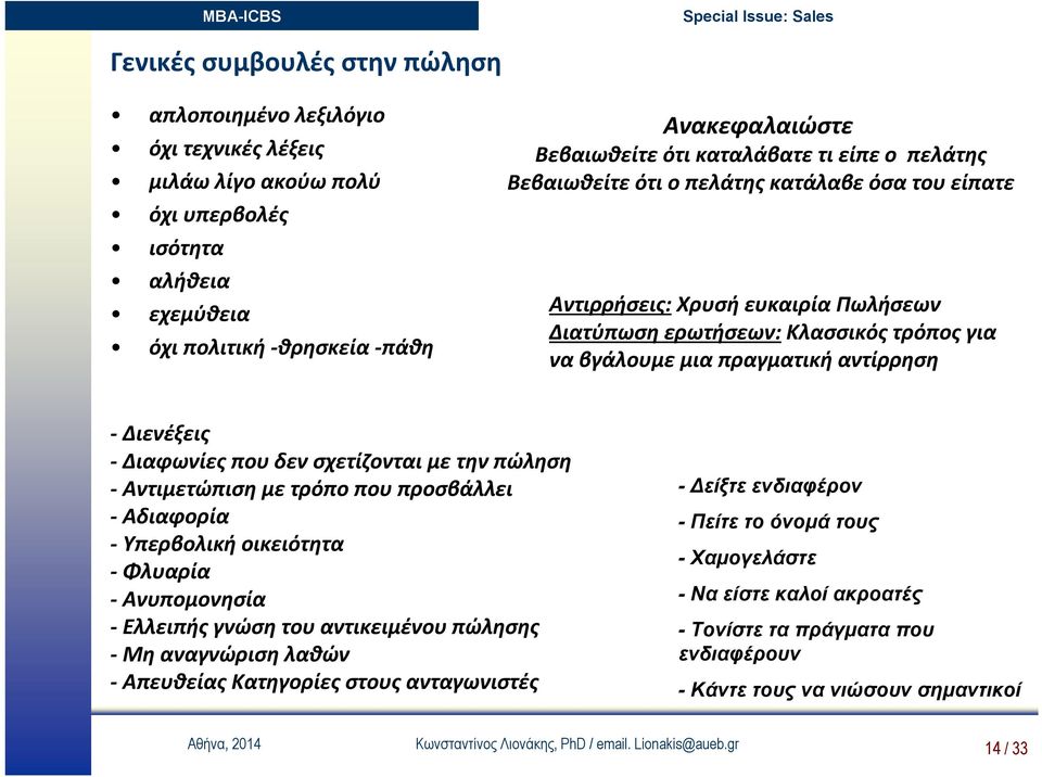 Διενέξεις - Διαφωνίες που δεν σχετίζονται με την πώληση - Αντιμετώπιση με τρόπο που προσβάλλει - Αδιαφορία - Υπερβολική οικειότητα - Φλυαρία - Aνυπομονησία - Ελλειπής γνώση του αντικειμένου πώλησης -