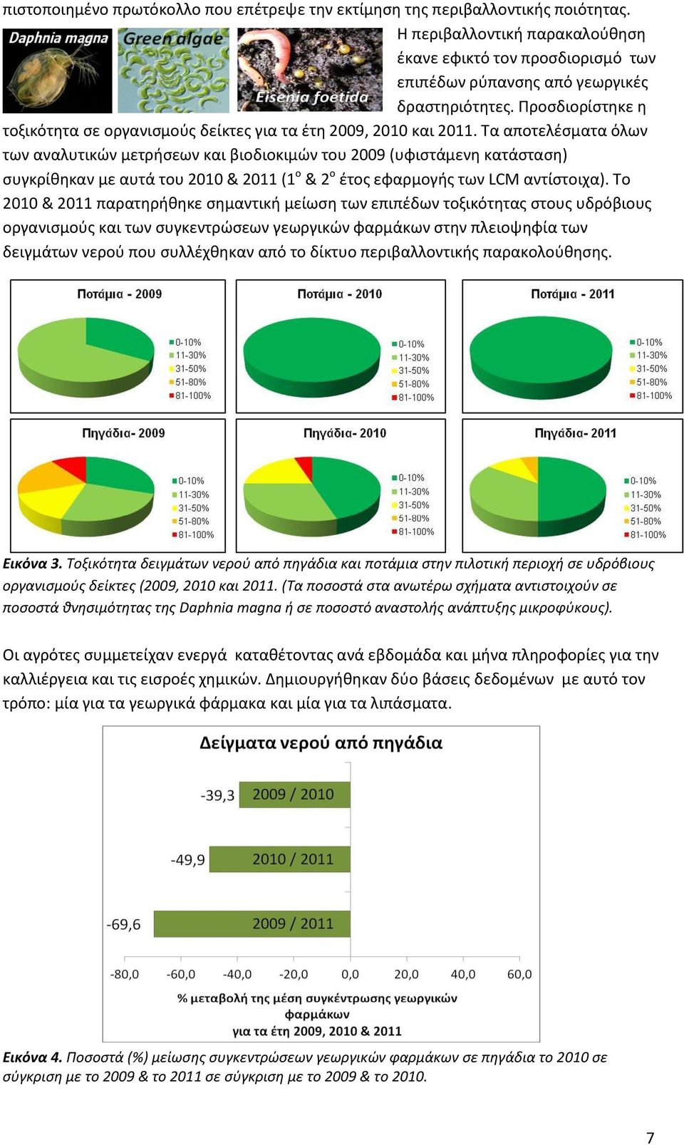 Τα αποτελέσματα όλων των αναλυτικών μετρήσεων και βιοδιοκιμών του 2009 (υφιστάμενη κατάσταση) συγκρίθηκαν με αυτά του 2010 & 2011 (1 ο & 2 ο έτος εφαρμογής των LCM αντίστοιχα).