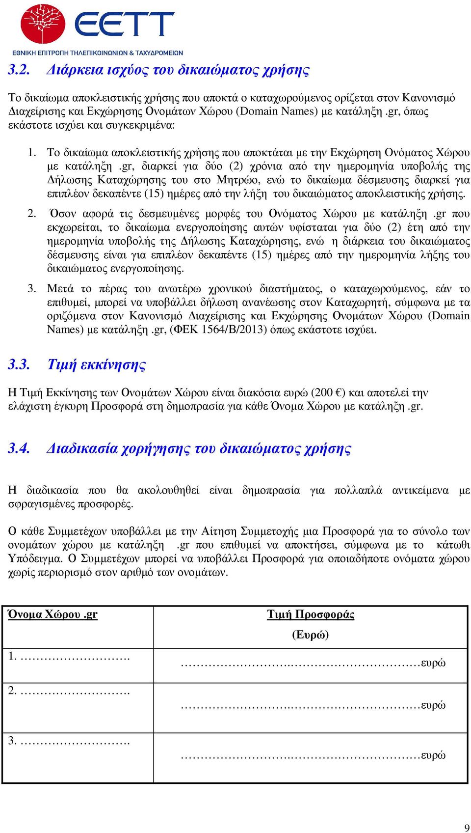 gr, διαρκεί για δύο (2) χρόνια από την ηµεροµηνία υποβολής της ήλωσης Καταχώρησης του στο Μητρώο, ενώ το δικαίωµα δέσµευσης διαρκεί για επιπλέον δεκαπέντε (15) ηµέρες από την λήξη του δικαιώµατος