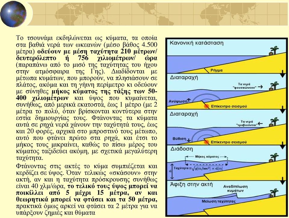 Διαδίδονται με μέτωπα κυμάτων, που μπορούν, να πλησιάσουν σε πλάτος, ακόμα και τη γήινη περίμετρο κι οδεύουν με σύνηθες μήκος κύματος της τάξης των 50-400 χιλιομέτρων και ύψος που κυμαίνεται,