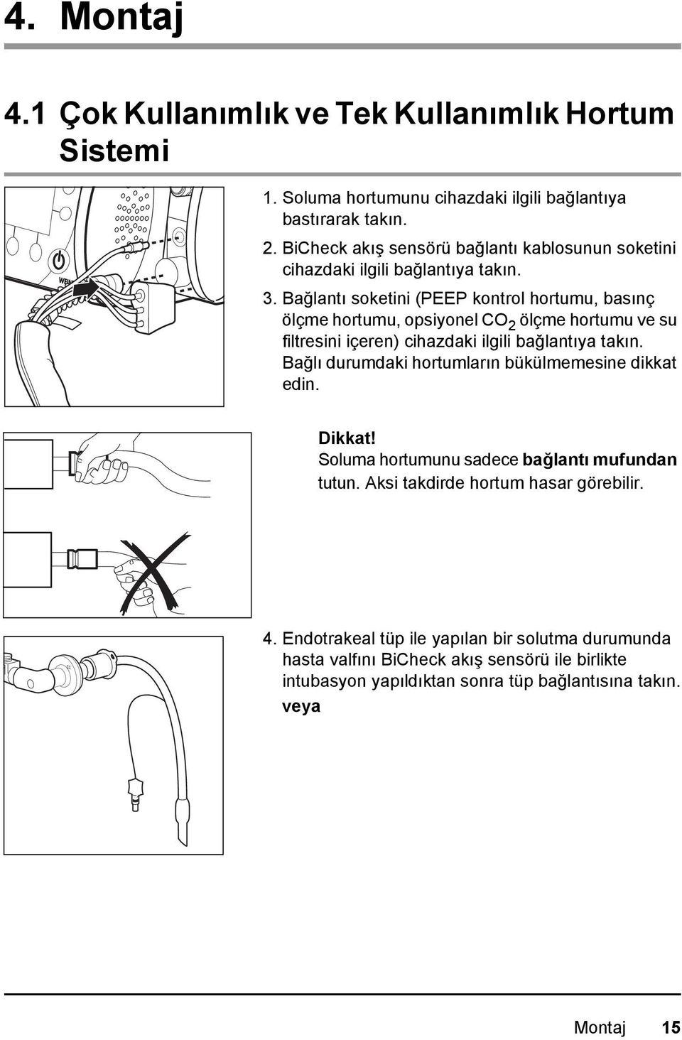 Bağlantı soketini (PEEP kontrol hortumu, basınç ölçme hortumu, opsiyonel CO 2 ölçme hortumu ve su filtresini içeren) cihazdaki ilgili bağlantıya takın.