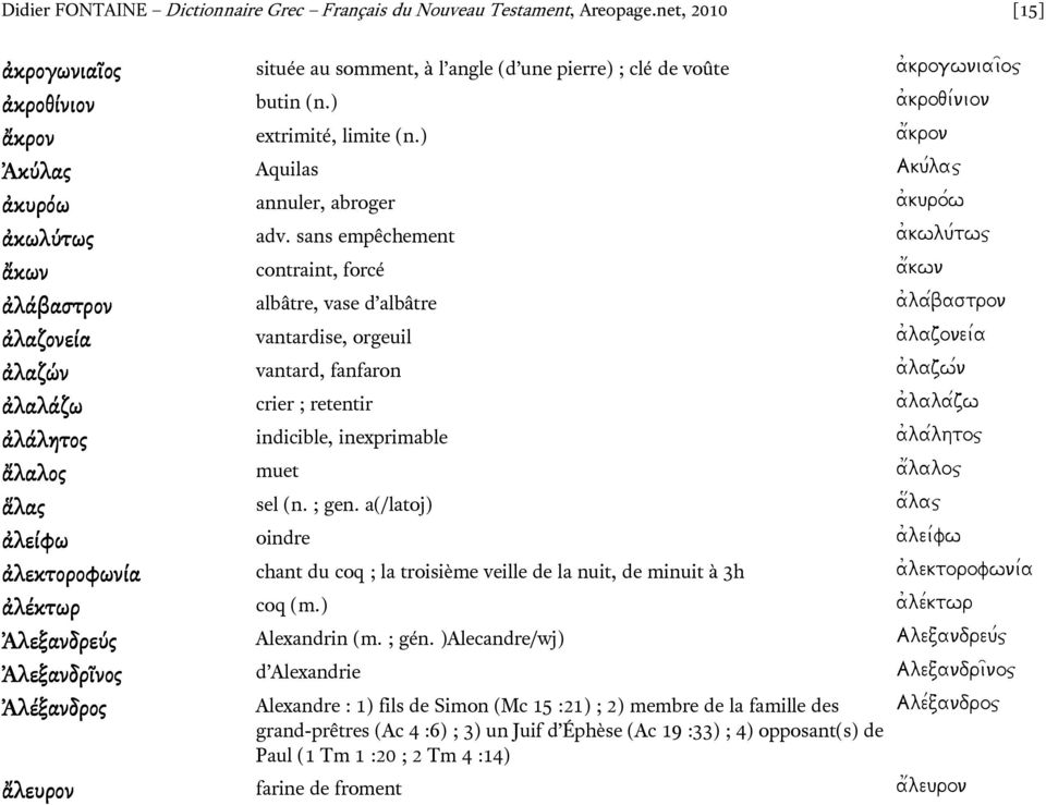 sans empêchement a)kwlu/twj ἄκων contraint, forcé a)/kwn ἀλάβαστρον albâtre, vase d albâtre a)la/bastron ἀλαζονεία vantardise, orgeuil a)lazonei/a ἀλαζών vantard, fanfaron a)lazw/n ἀλαλάζω crier ;