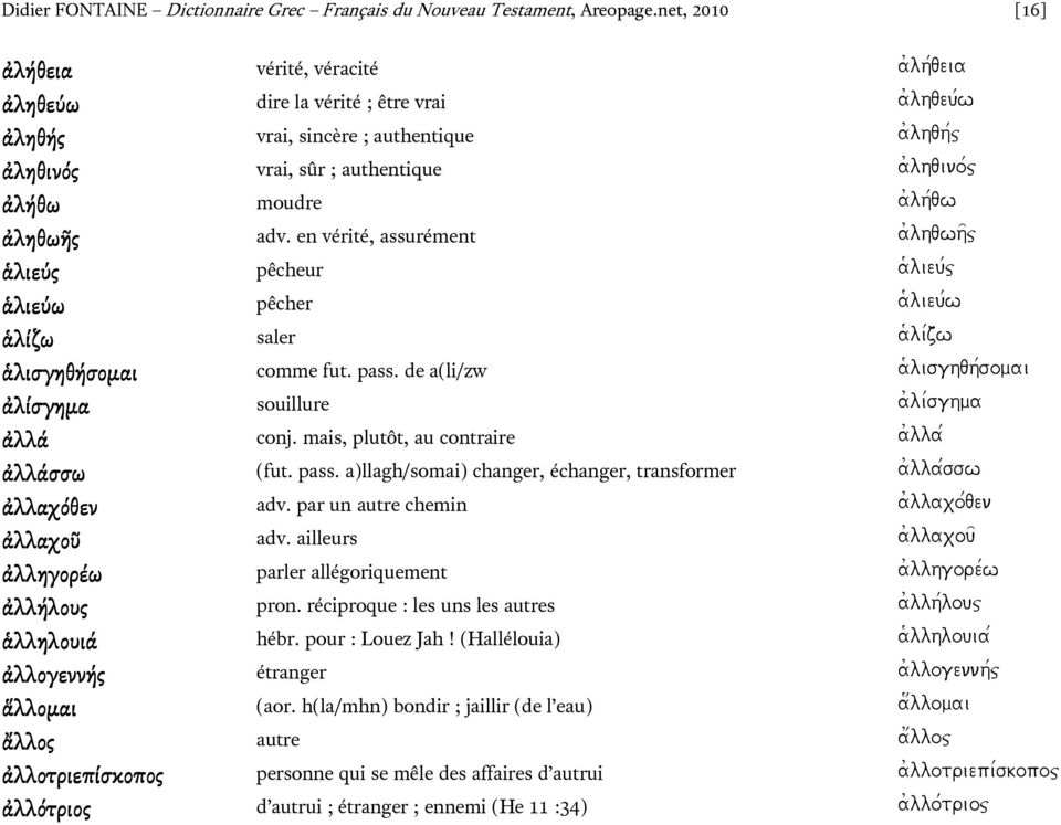 a)lh/qw ἀληθωῆς adv. en vérité, assurément a)lhqwh=j ἁλιεύς pêcheur a(lieu/j ἁλιεύω pêcher a(lieu/w ἁλίζω saler a(li/zw ἁλισγηθήσοµαι comme fut. pass.