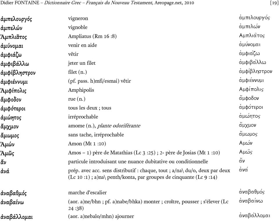 filet a)mfiba/llw ἀµφίβληστρον filet (n.) a)mfi/blhstron ἀµφιέννυµι (pf. pass. h)mfi/esmai) vêtir a)mfie/nnumi Ἀµφίπολις Amphipolis )Amfi/polij ἄµφοδον rue (n.