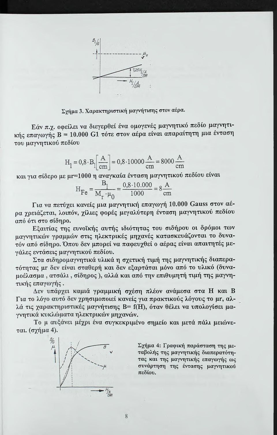 Β _ 0,8-10.000 Α -μ^ 1000 οιη Για να πετυχει κανείς μια μαγνητική επαγωγή 10.000 Ομιΐ88 στον αέρα χρειάζεται, λοιπόν, χίλιες φορές μεγαλύτερη ένταση μαγνητικού πεδίου από ότι στο σίδηρο.