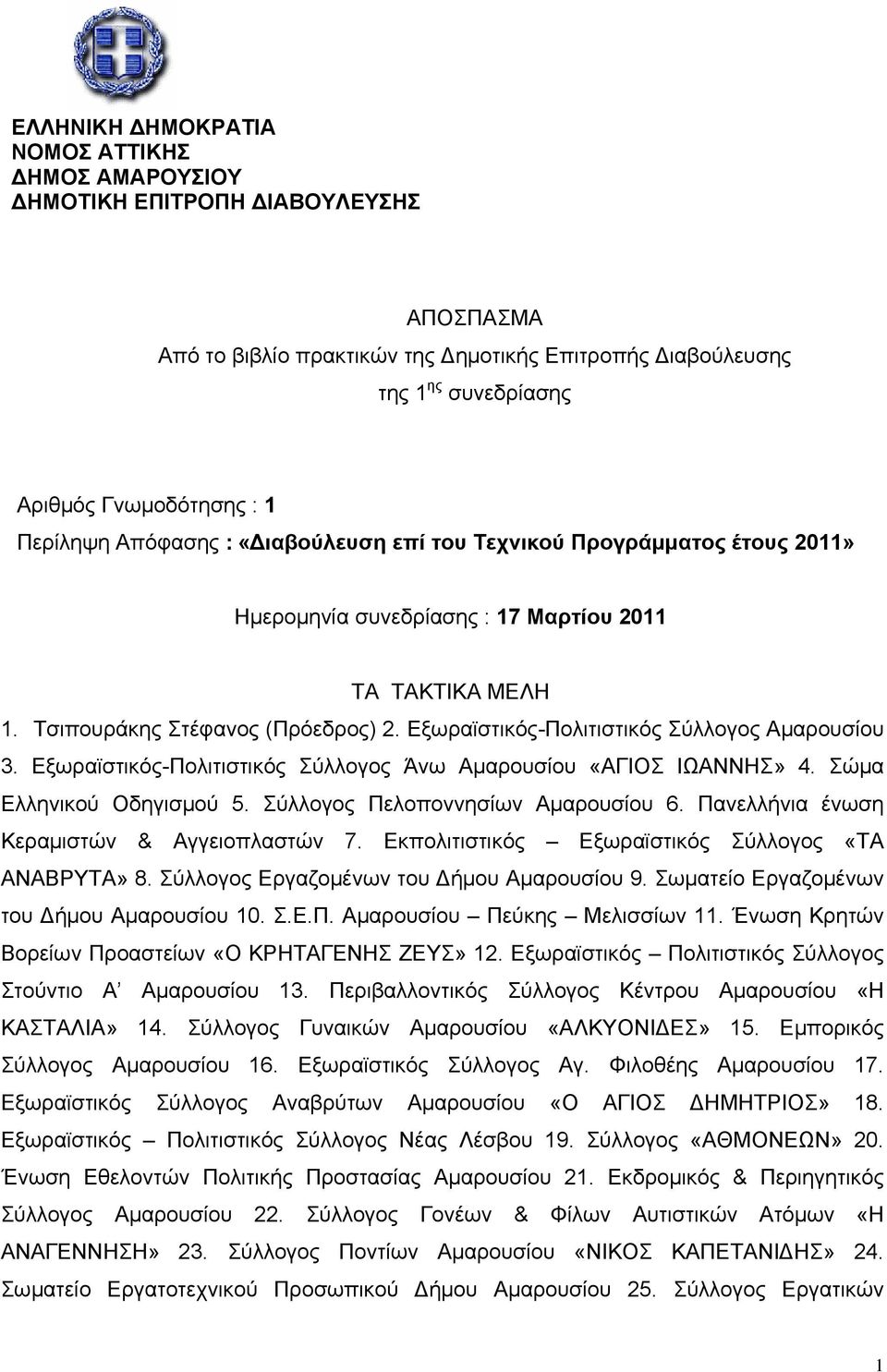 Εξωραϊστικός-Πολιτιστικός Σύλλογος Αμαρουσίου 3. Εξωραϊστικός-Πολιτιστικός Σύλλογος Άνω Αμαρουσίου «ΑΓΙΟΣ ΙΩΑΝΝΗΣ» 4. Σώμα Ελληνικού Οδηγισμού 5. Σύλλογος Πελοποννησίων Αμαρουσίου 6.