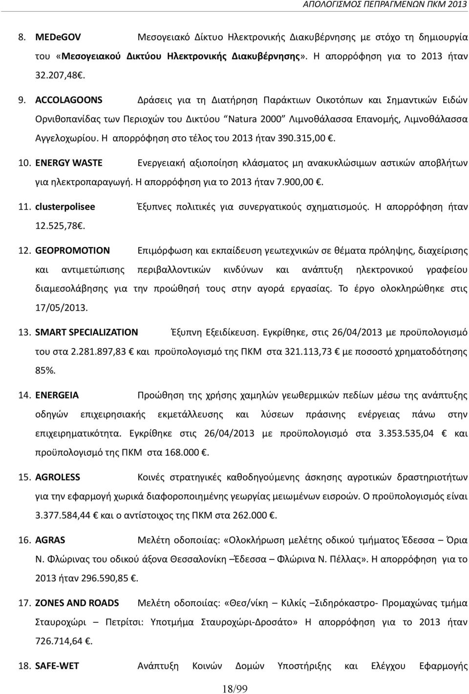 Η απορρόφηση στο τέλος του 2013 ήταν 390.315,00. 10. ENERGY WASTE Ενεργειακή αξιοποίηση κλάσματος μη ανακυκλώσιμων αστικών αποβλήτων για ηλεκτροπαραγωγή. Η απορρόφηση για το 2013 ήταν 7.900,00. 11.