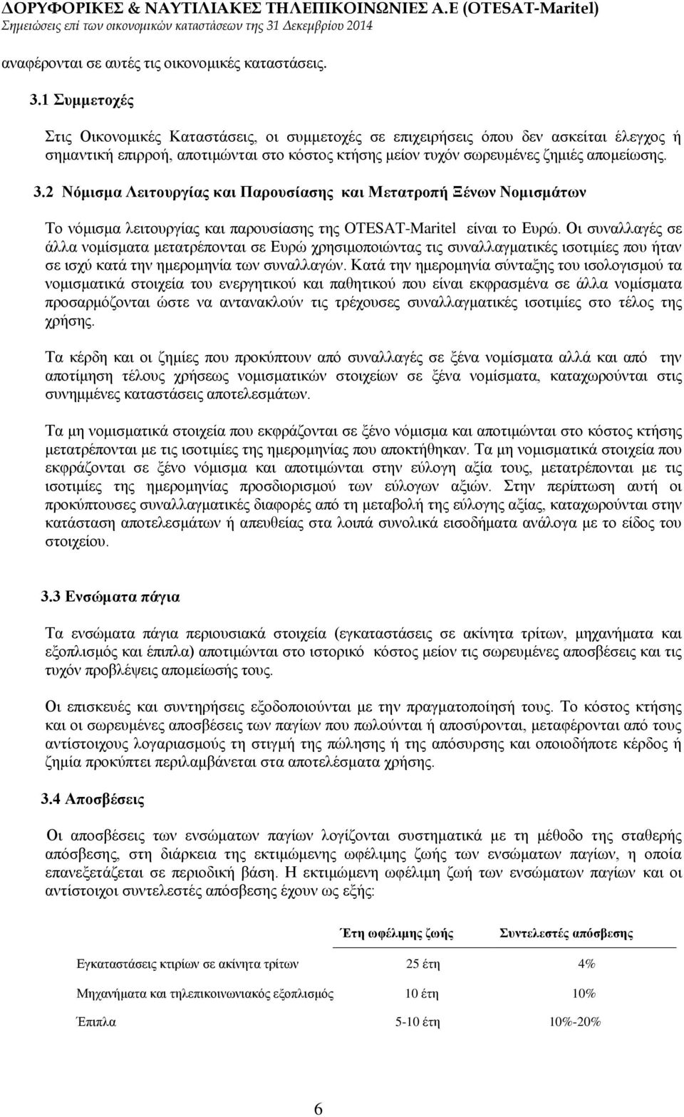 2 Νόμισμα Λειτουργίας και Παρουσίασης και Μετατροπή Ξένων Νομισμάτων Το νόμισμα λειτουργίας και παρουσίασης της OTESAT-Maritel είναι το Ευρώ.