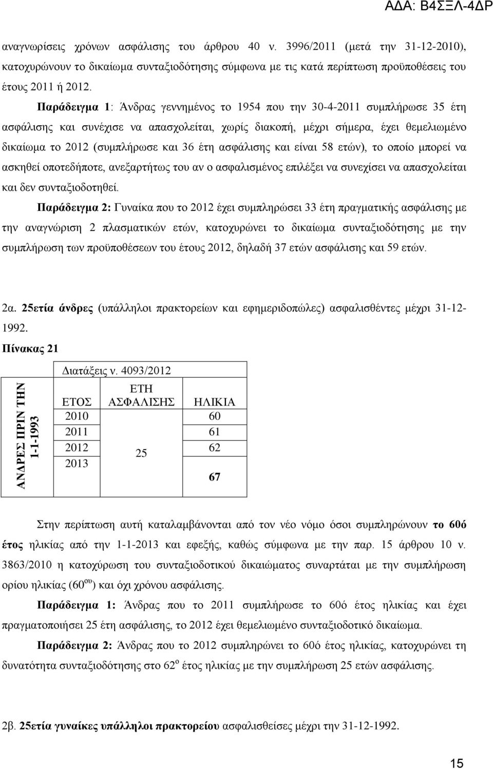 έηε αζθάιηζεο θαη είλαη 58 εηψλ), ην νπνίν κπνξεί λα αζθεζεί νπνηεδήπνηε, αλεμαξηήησο ηνπ αλ ν αζθαιηζκέλνο επηιέμεη λα ζπλερίζεη λα απαζρνιείηαη θαη δελ ζπληαμηνδνηεζεί.