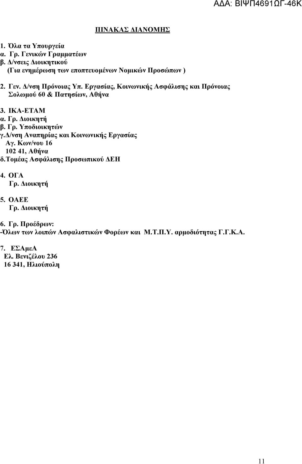 δ/νση Αναπηρίας και Κοινωνικής Εργασίας Αγ. Κων/νου 16 102 41, Αθήνα δ.τομέας Ασφάλισης Προσωπικού ΔΕΗ 4. ΟΓΑ Γρ. Διοικητή 5. ΟΑΕΕ Γρ.