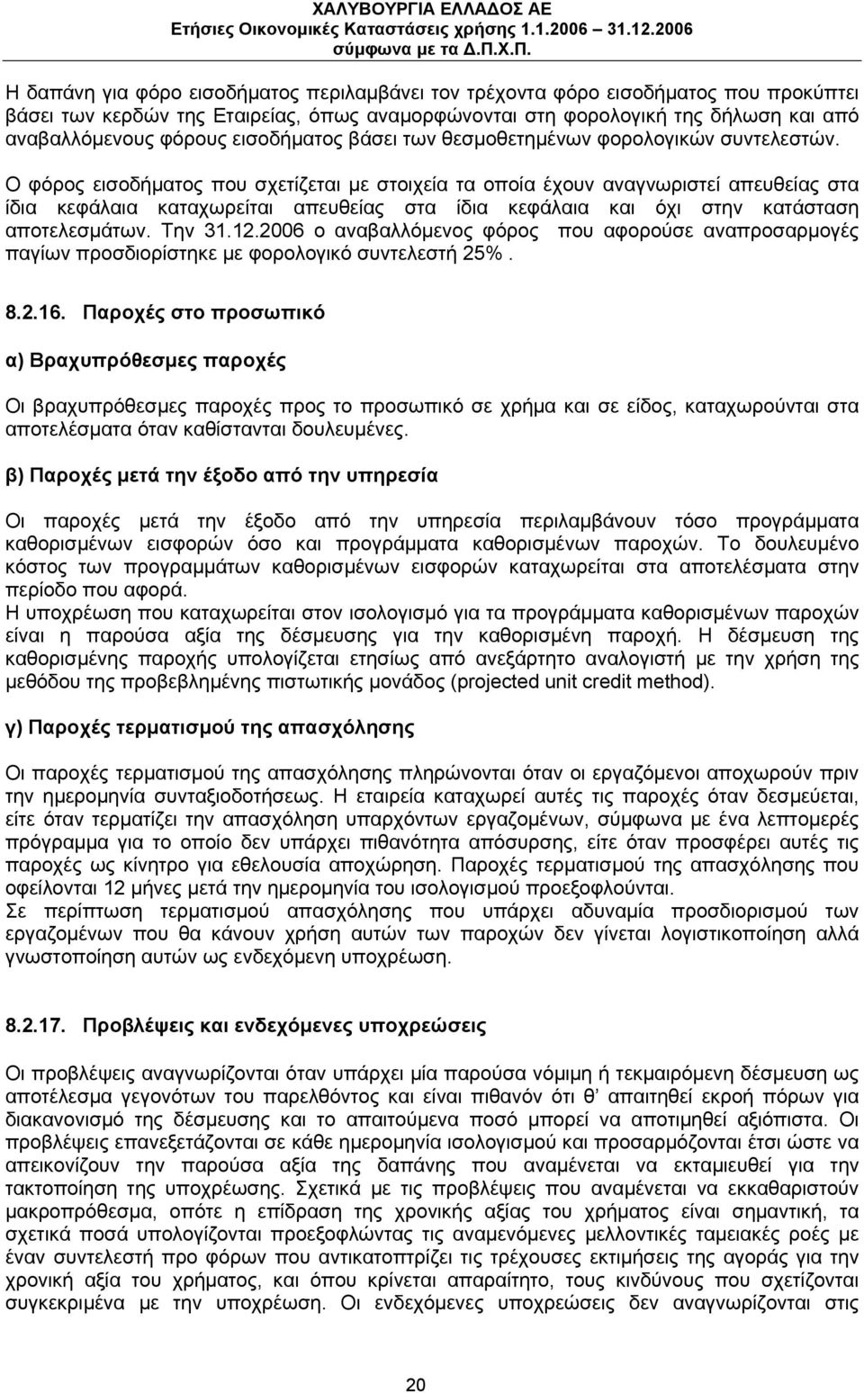 Ο φόρος εισοδήματος που σχετίζεται με στοιχεία τα οποία έχουν αναγνωριστεί απευθείας στα ίδια κεφάλαια καταχωρείται απευθείας στα ίδια κεφάλαια και όχι στην κατάσταση αποτελεσμάτων. Την 31.12.