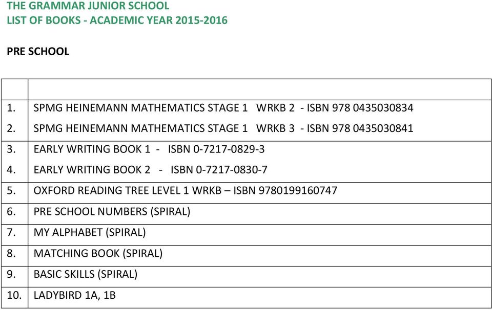 WRKB 3 - ISBN 978 0435030841 EARLY WRITING BOOK 1 - ISBN 0-7217-0829-3 EARLY WRITING BOOK 2 - ISBN