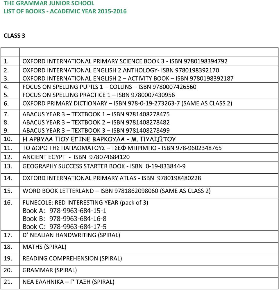 SPELLING PUPILS 1 COLLINS ISBN 9780007426560 FOCUS ON SPELLING PRACTICE 1 ISBN 9780007430956 6. OXFORD PRIMARY DICTIONARY ISBN 978-0-19-273263-7 (SAME AS CLASS 2) 7. 8. 9. ABACUS YEAR 3 TEXTBOOK 1 ISBN 9781408278475 ABACUS YEAR 3 TEXTBOOK 2 ISBN 9781408278482 ABACUS YEAR 3 TEXTBOOK 3 ISBN 9781408278499 10.