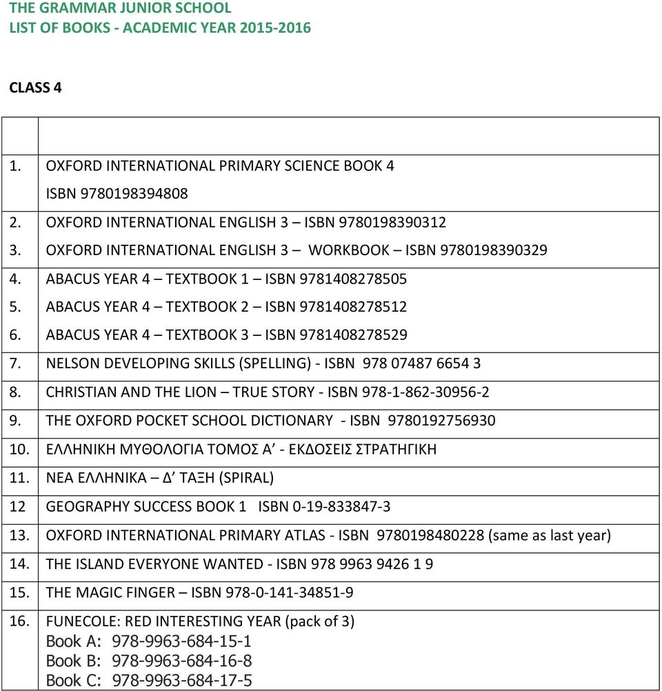 ISBN 9781408278512 ABACUS YEAR 4 TEXTBOOK 3 ISBN 9781408278529 7. NELSON DEVELOPING SKILLS (SPELLING) - ISBN 978 07487 6654 3 8. CHRISTIAN AND THE LION TRUE STORY - ISBN 978-1-862-30956-2 9.