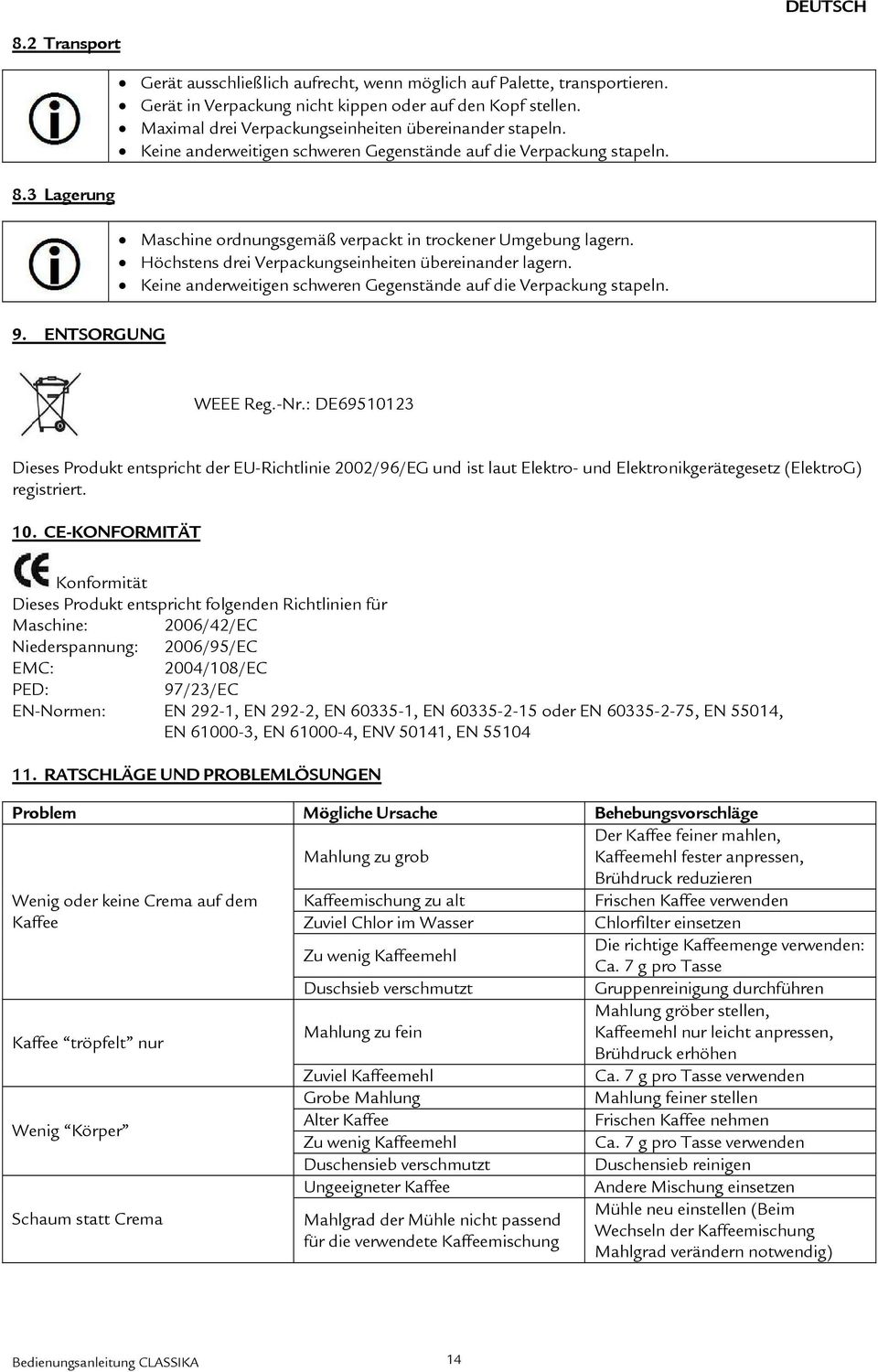 Höchstens drei Verpackungseinheiten übereinander lagern. Keine anderweitigen schweren Gegenstände auf die Verpackung stapeln. 9. ENTSORGUNG WEEE Reg.-Nr.