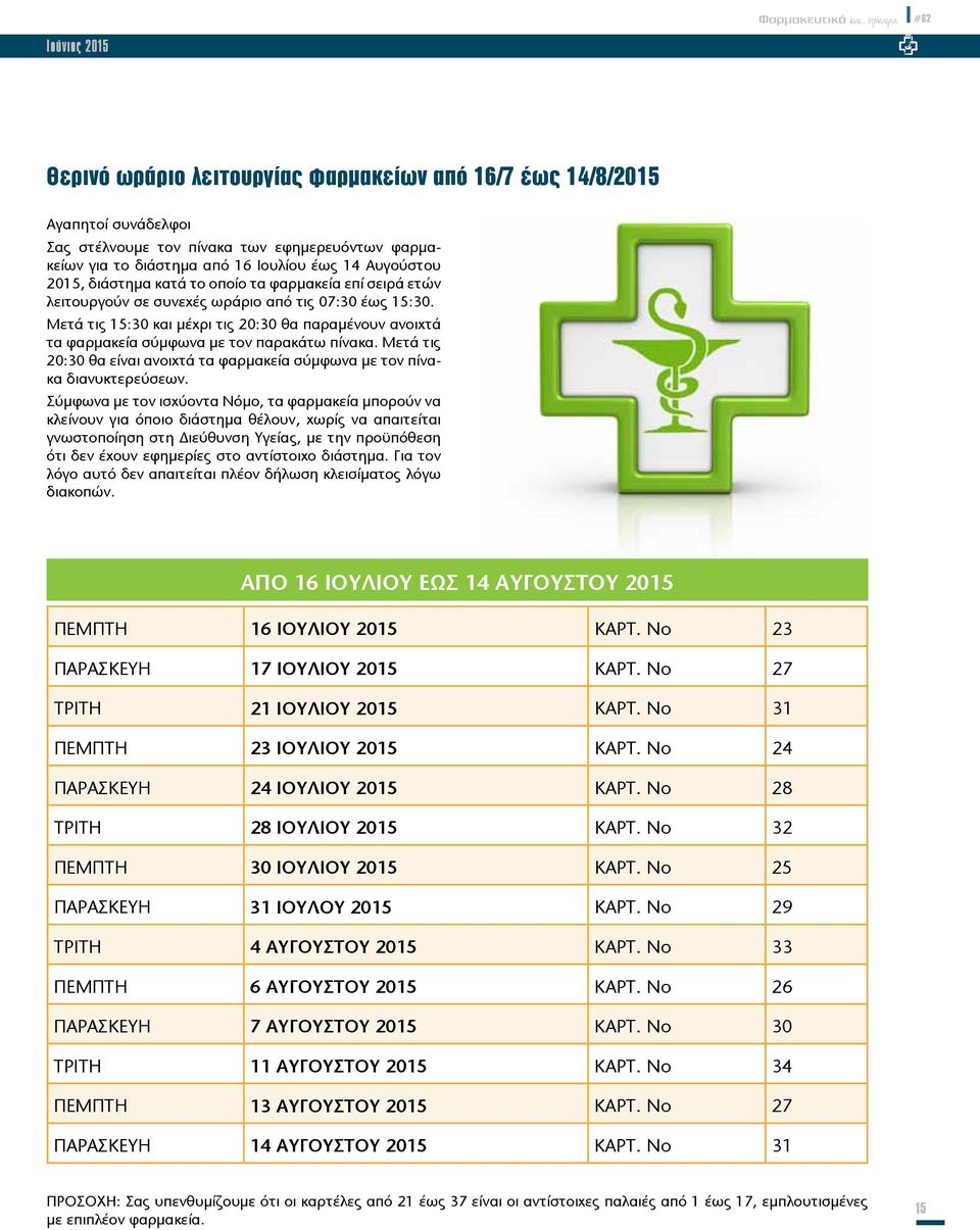 Μετά τις 15:30 και μέχρι τις 20:30 θα παραμένουν ανοιχτά τα φαρμακεία σύμφωνα με τον παρακάτω πίνακα. Μετά τις 20:30 θα είναι ανοιχτά τα φαρμακεία σύμφωνα με τον πίνακα διανυκτερεύσεων.