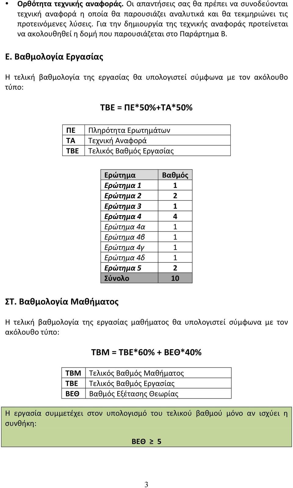 Βαθμολογία Εργασίας H τελική βαθμολογία της εργασίας θα υπολογιστεί σύμφωνα με τον ακόλουθο τύπο: ΤΒΕ = ΠΕ*50%+ΤΑ*50% ΠΕ ΤΑ ΤΒΕ Πληρότητα Ερωτημάτων Τεχνική Αναφορά Τελικός Βαθμός Εργασίας Ερώτημα