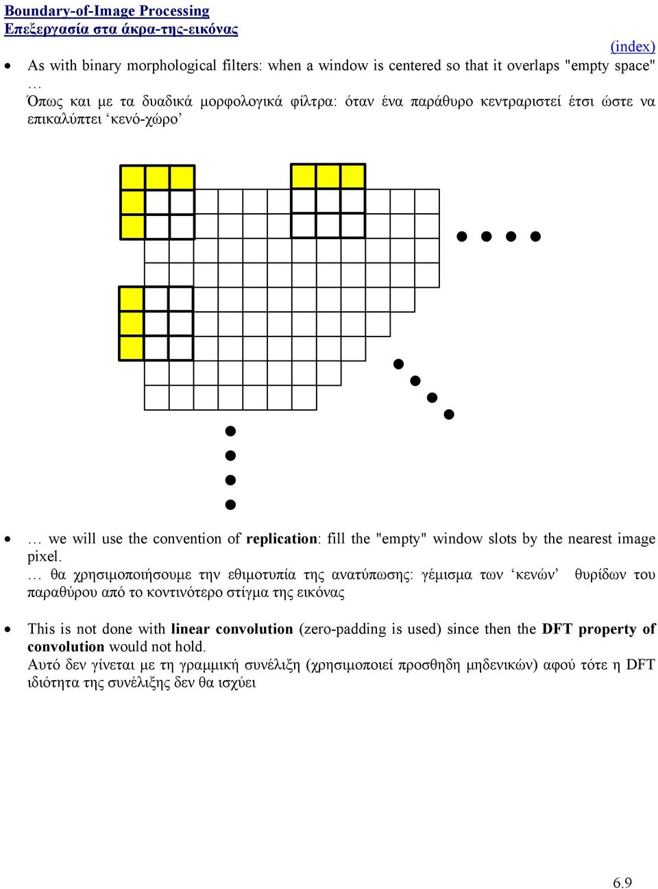 θα χρησιµοποιήσουµε την εθιµοτυπία της ανατύπωσης: γέµισµα των κενών θυρίδων του παραθύρου από το κοντινότερο στίγµα της εικόνας This is not done with linear convolution (zero-padding is