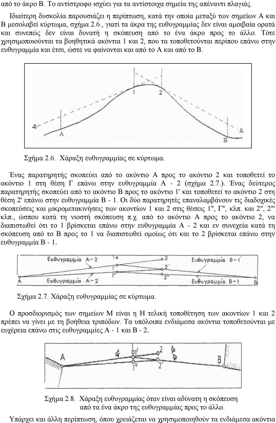 Τότε χρησιμοποιούνται τα βοηθητικά ακόντια 1 και 2, που τα τοποθετούνται περίπου επάνω στην ευθυγραμμία και έτσι, ώστε να φαίνονται και από το Α και από το Β. Σχήμα 2.6.