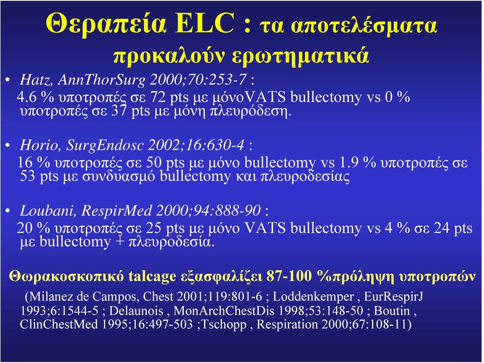 9 % υποτροπές σε 53 pts με συνδυασμό bullectomy και πλευροδεσίας Loubani, RespirMed 2000;94:888-90 : 20 % υποτροπές σε 25 pts με μόνο VATS bullectomy vs 4 % σε 24 pts με bullectomy