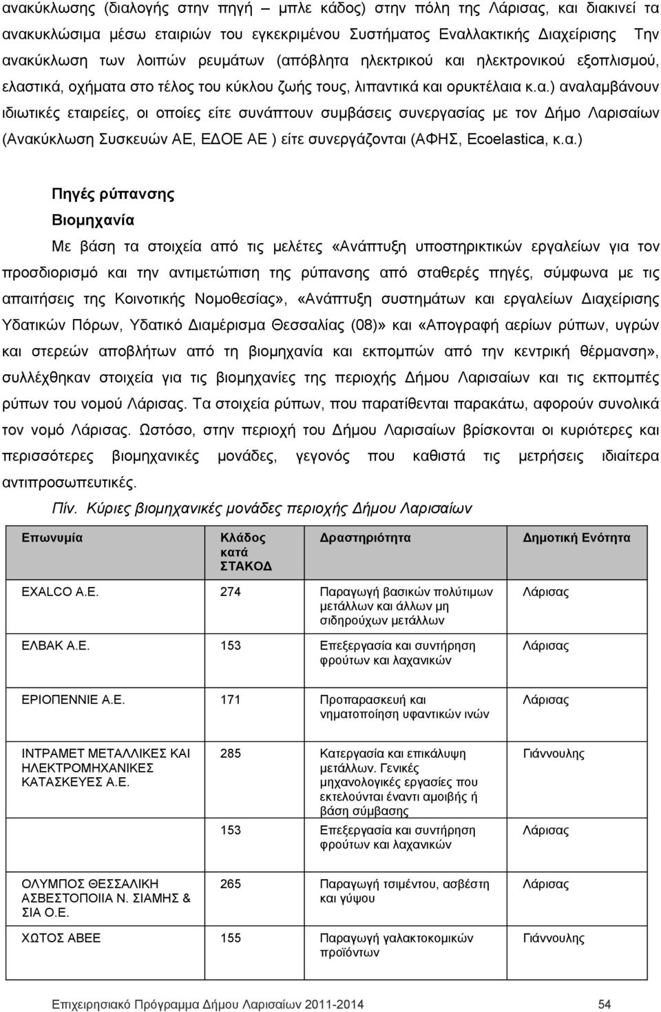 α.) Πηγές ρύπανσης Βιομηχανία Με βάση τα στοιχεία από τις μελέτες «Ανάπτυξη υποστηρικτικών εργαλείων για τον προσδιορισμό και την αντιμετώπιση της ρύπανσης από σταθερές πηγές, σύμφωνα με τις