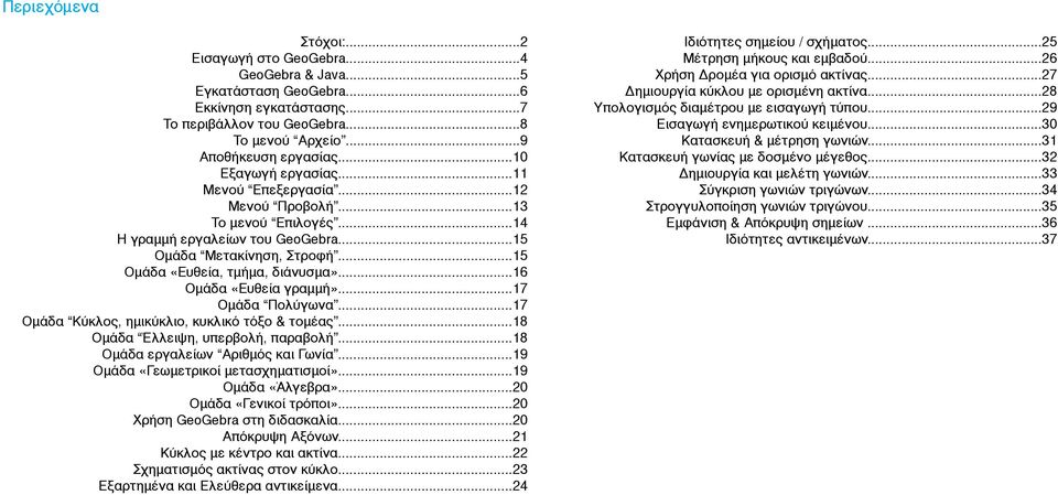 ..16 Ομάδα «Ευθεία γραμμή»...17 Ομάδα Πολύγωνα...17 Ομάδα Κύκλος, ημικύκλιο, κυκλικό τόξο & τομέας...18 Ομάδα Έλλειψη, υπερβολή, παραβολή...18 Ομάδα εργαλείων Αριθμός και Γωνία.