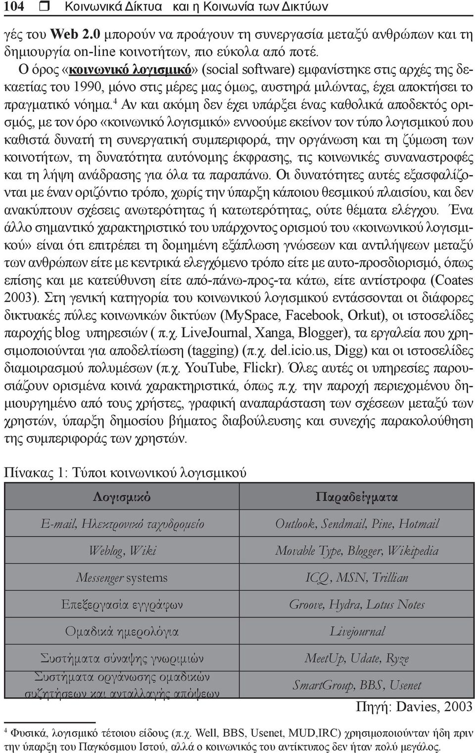 4 Αν και ακόμη δεν έχει υπάρξει ένας καθολικά αποδεκτός ορισμός, με τον όρο «κοινωνικό λογισμικό» εννοούμε εκείνον τον τύπο λογισμικού που καθιστά δυνατή τη συνεργατική συμπεριφορά, την οργάνωση και