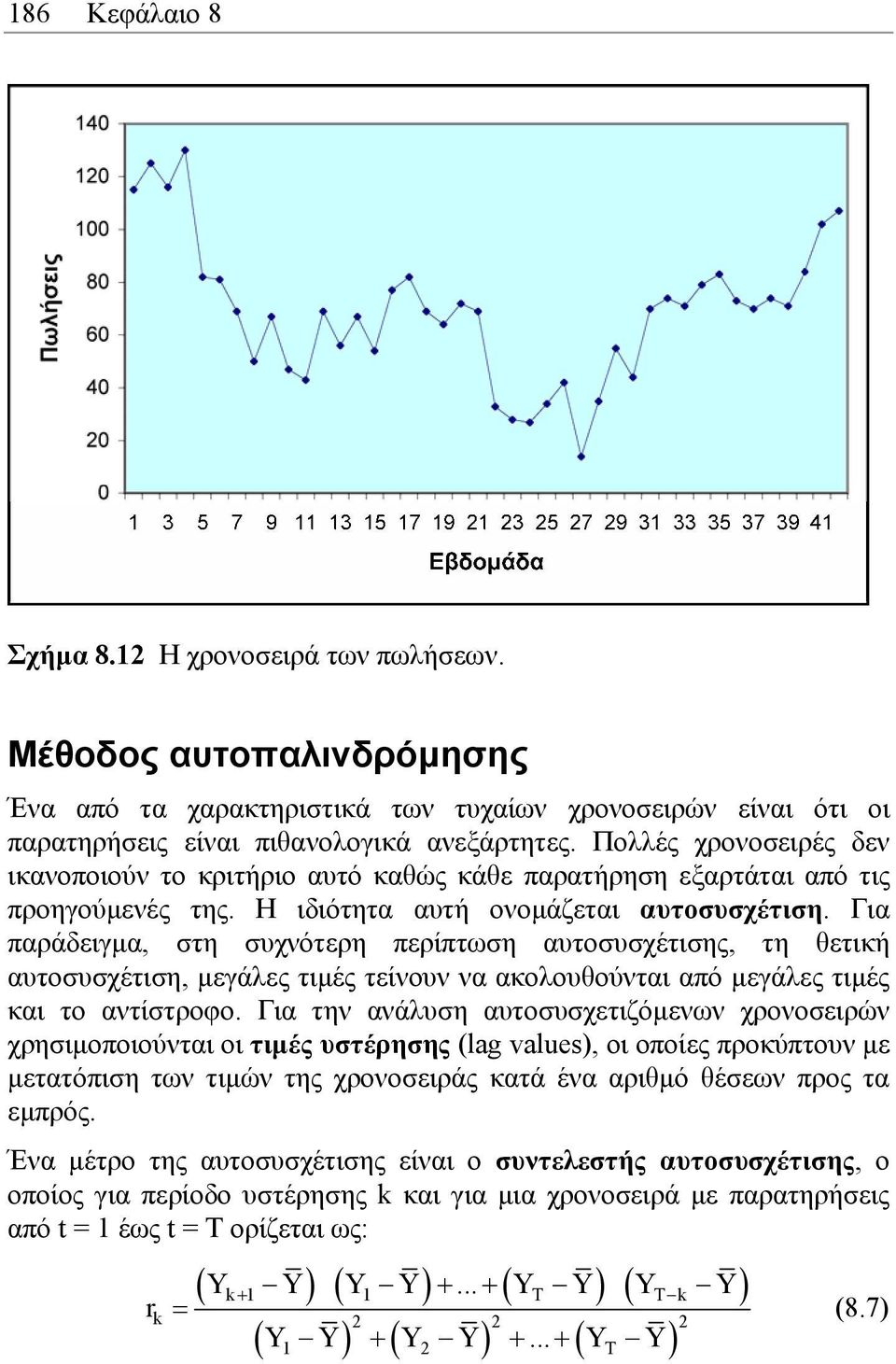 Για παράδειγµα, στη συχνότερη περίπτωση αυτοσυσχέτισης, τη θετική αυτοσυσχέτιση, µεγάλες τιµές τείνουν να ακολουθούνται από µεγάλες τιµές και το αντίστροφο.