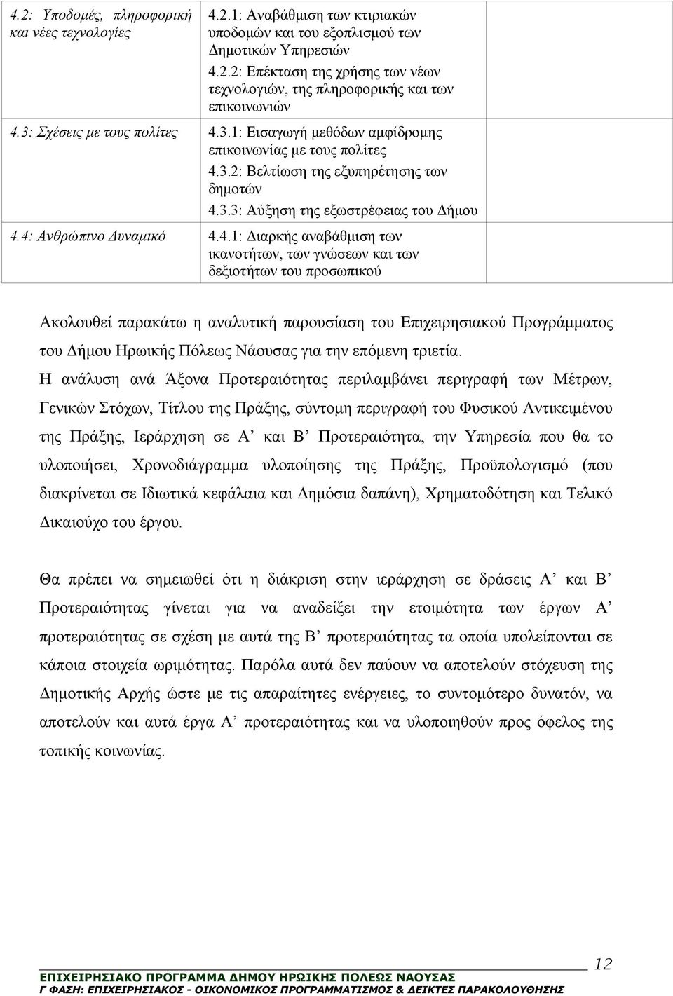 4: Ανθρώπινο Δυναμικό 4.4.1: Διαρκής αναβάθμιση των ικανοτήτων, των γνώσεων και των δεξιοτήτων του προσωπικού Ακολουθεί παρακάτω η αναλυτική παρουσίαση του Επιχειρησιακού Προγράμματος του Δήμου