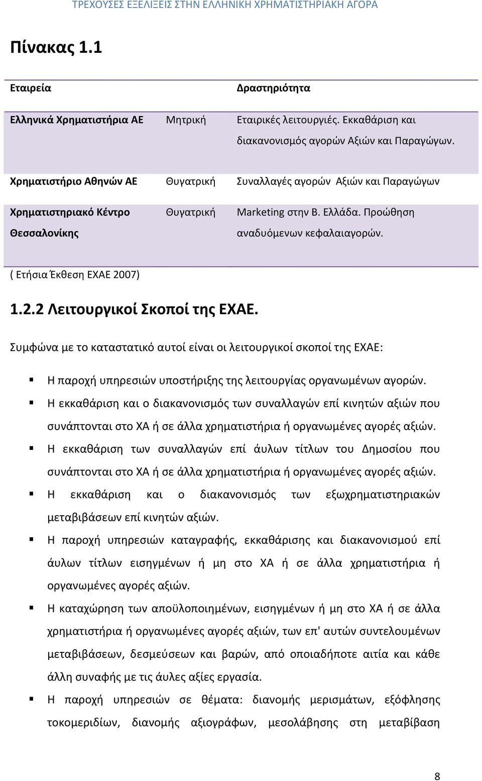 ( Ετήσια Έκθεση ΕΧΑΕ 2007) 1.2.2 Λειτουργικοί Σκοποί της ΕΧΑΕ. Συμφώνα με το καταστατικό αυτοί είναι οι λειτουργικοί σκοποί της ΕΧΑΕ: Η παροχή υπηρεσιών υποστήριξης της λειτουργίας οργανωμένων αγορών.