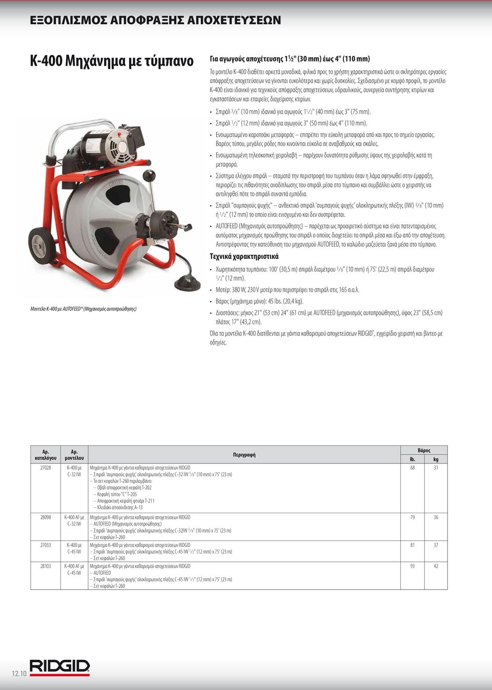 Σχεδιασμένο με κομψό προφίλ, το μοντέλο K-400 είναι ιδανικό για τεχνικούς απόφραξης αποχετεύσεων, υδραυλικούς, συνεργεία συντήρησης κτιρίων και εγκαταστάσεων και εταιρείες διαχείρισης κτιρίων.