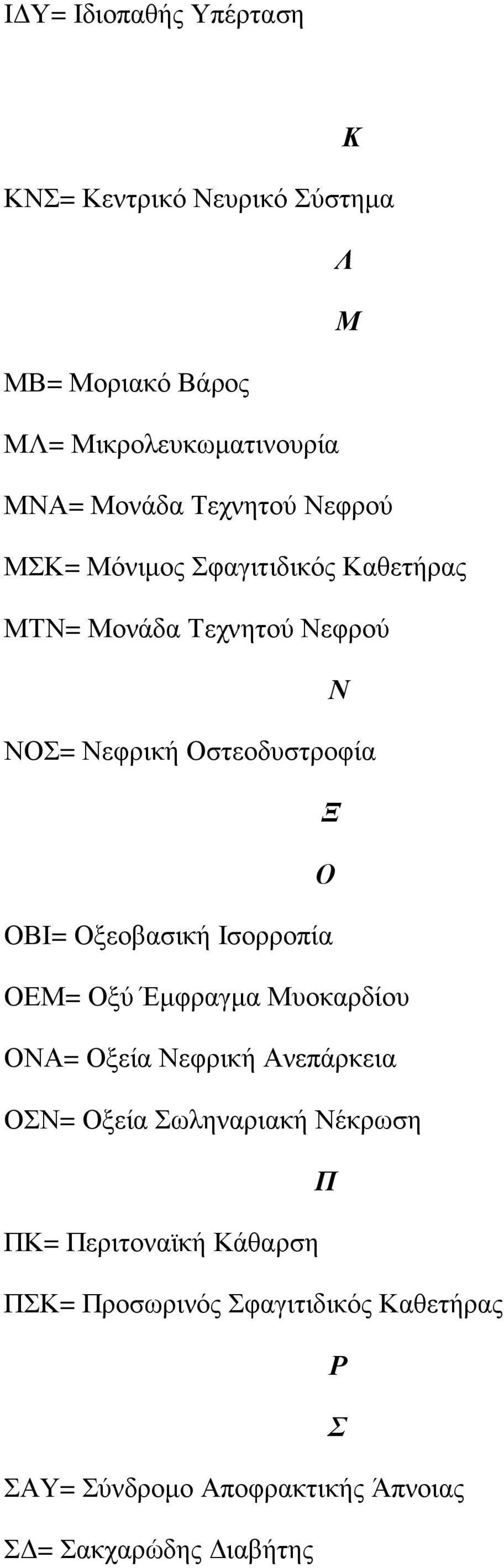 ΟΒΙ= Οξεοβασική Ισορροπία ΟΕΜ= Οξύ Έµφραγµα Μυοκαρδίου ΟΝΑ= Οξεία Νεφρική Ανεπάρκεια ΟΣΝ= Οξεία Σωληναριακή Νέκρωση Π