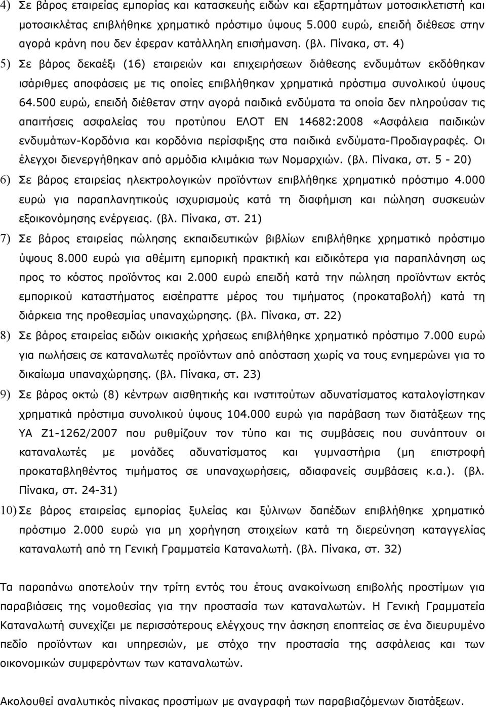 4) 5) Σε βάρος δεκαέξι (16) εταιρειών και επιχειρήσεων διάθεσης ενδυμάτων εκδόθηκαν ισάριθμες αποφάσεις με τις οποίες επιβλήθηκαν χρηματικά πρόστιμα συνολικού ύψους 64.